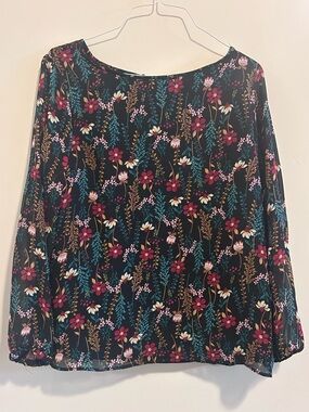 Nine West‎ Black Floral Print Blouse with Red, Teal & Cream Accents